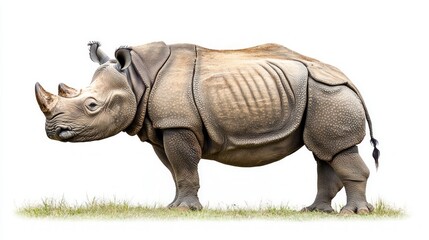 Fototapeta premium A single Indian rhinoceros stands on a patch of green grass, looking to the left.