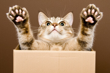 Funny cat with paws raised, playfully peeking from cardboard box