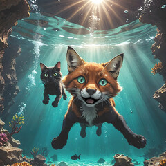 waterscape,red fox and black cat on adventure swimming