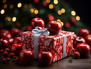 Christmas-red apple box with fir branches and apples, candles on the table, Christmas tree in the background, real photo, ultra-realistic.