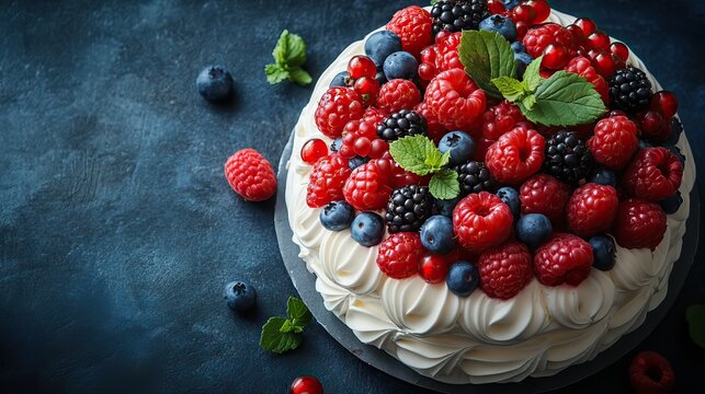 Pavlova meringue cake with fresh berries on a dark blue backdrop, ideal for party dessert menus or special event promotions.