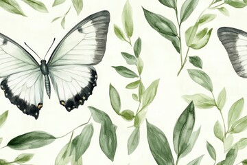 Fototapeta premium Watercolor painting of a white butterfly with black markings on its wings, surrounded by green leaves.