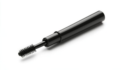 A sleek black mascara tube with the wand inside, isolated on a white background