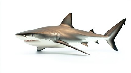 Obraz premium A sleek shark swimming forward, its fin cutting through the water, isolated on a white background