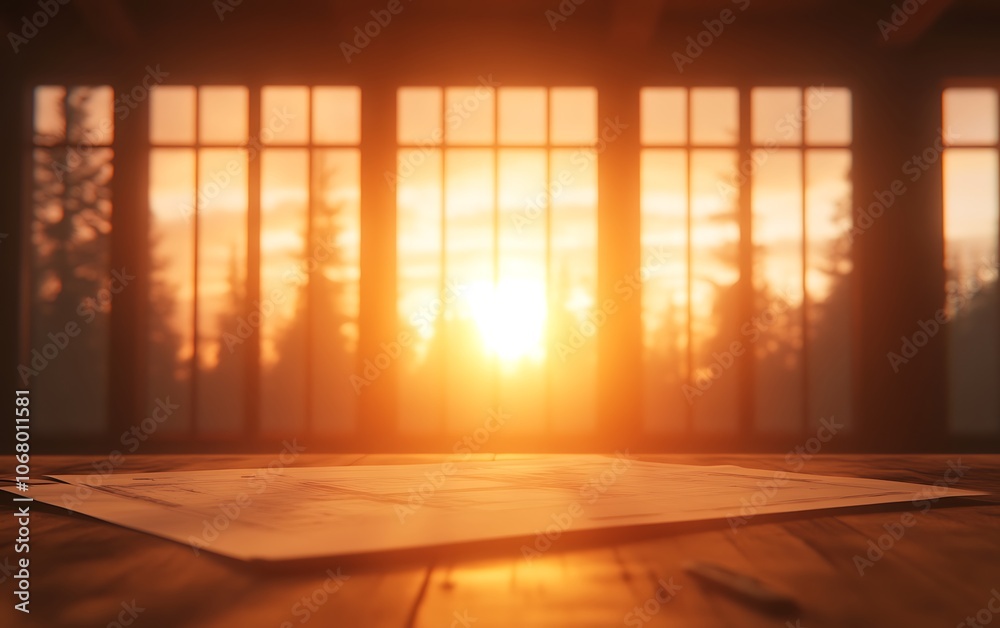 Poster A serene sunset illuminates a room with large windows, casting warm light over a partially visible drawing on a wooden table.