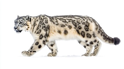Fototapeta premium A snow leopard walking through a snowy terrain, isolated on a white background