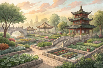 Fototapeta premium Watercolor Illustration of Traditional Asian Medicinal Herb Garden with Pagoda and Stone Bridge - Graphic Design Resource