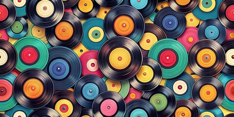 A symphony of colors and textures, a mesmerizing pattern of vinyl records, a vibrant tapestry of sound