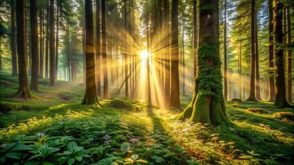 Fototapeta premium Golden Rays Illuminate a Lush Forest Floor, Where Ancient Trees Stand Tall and Moss-Covered, Bathed in the Warmth of a Gentle Sunrise