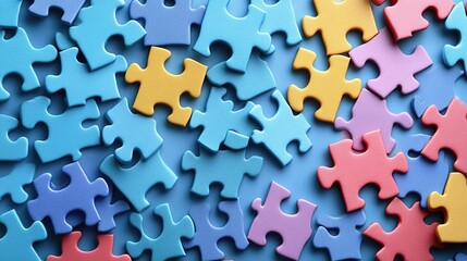 Puzzle pieces on a pastel blue background, representing autism awareness, ideal for banners and posters with copy space.