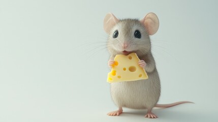 A tiny mouse standing on its hind legs holding a piece of cheese, isolated on a white background