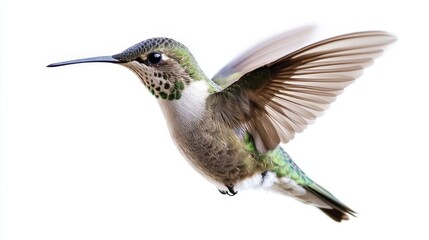 Fototapeta premium A tiny hummingbird hovering in mid-air with its wings beating rapidly, isolated on a white background