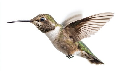 Obraz premium A tiny hummingbird hovering in mid-air with its wings beating rapidly, isolated on a white background