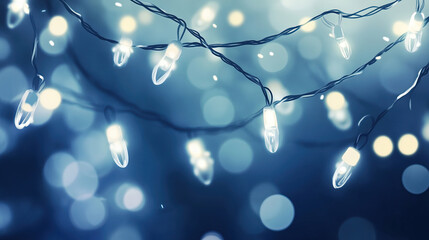 blue christmas light chain with bokeh effect. blue christmas lights blurry background