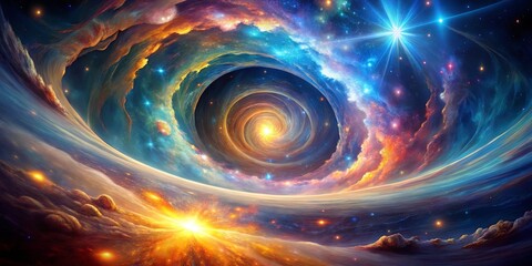 Obraz premium Cosmic Dance of Light and Gravity A swirling vortex of energy and celestial bodies, bathed in a symphony of brilliant colors, embodies the captivating dance of cosmic forces.