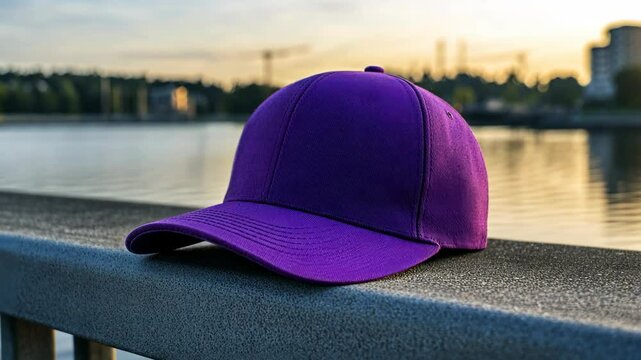A purple baseball cap sits on a railing overlooking a body of water at sunset