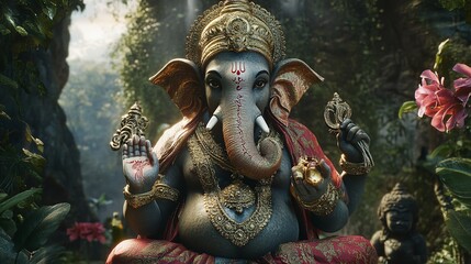 Fototapeta premium Lord Ganesha, 8K Realistic Lighting, Highly Detailed, High Resolution