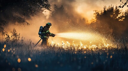 Fototapeta premium Brave Firefighter Battling Flames at Dusk
