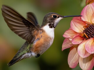 Naklejka premium Observe a hummingbird's slow motion dance as it flaps its wings near a vibrant flower
