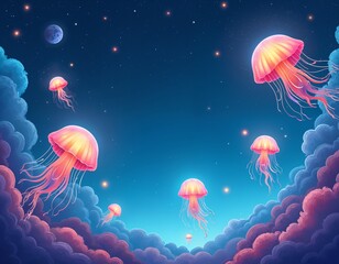Fototapeta premium Creatures Floating in Space, Mysterious Life Forms Drifting Among Stars and Galaxies