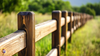 A close-up view of a wooden fence stretching into a green landscape, emphasizing depth and nature.