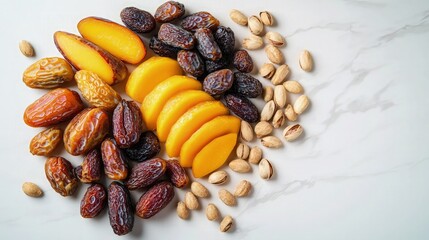 Obraz premium A beautiful assortment of dried fruits such as dates, mango slices, and prunes, arranged on a light marble background with scattered nuts.