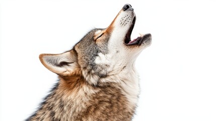 Obraz premium A wolf howling into the air with its head raised, isolated on a white background
