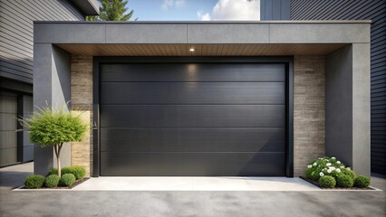 A contemporary home's sleek black garage door with a modern architectural design, highlighted by surrounding landscaping with lush greenery and subtle accents of white flowers.