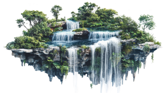 A Lush Waterfall in a Floating Forest, Perfect Transparent Water Feature for Your Backyard