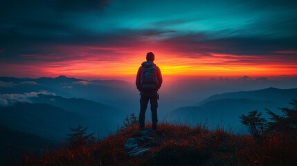 Silhouetted Man Against Dark Sky and Mountain Landscape