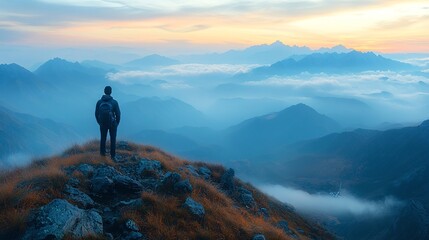 Obraz premium Silhouetted Man Against Moody Mountain Sky