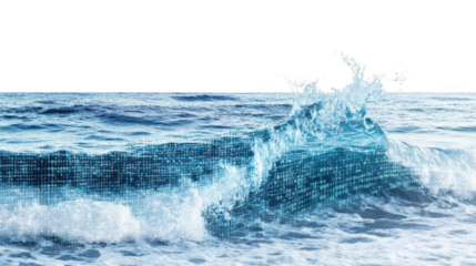 Digital Code Waves Crashing on the Ocean Surface, Showing the Interplay of Technology and Nature