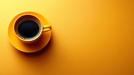 A yellow cup of black coffee on a light orange backdrop, presenting a trendy, minimal flat-lay concept with copy space.