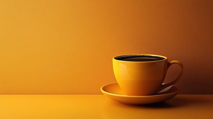 Obraz premium A yellow cup of black coffee on a light orange backdrop, presenting a trendy, minimal flat-lay concept with copy space.