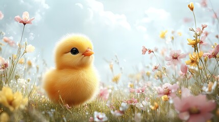 A yellow newborn chick sitting in a spring field, perfect for Easter-themed banners, posters, or greeting cards with a cute, fun design for celebrating the season of renewal.