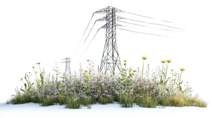 Flowers Growing Through a Transparent Power Line Tower