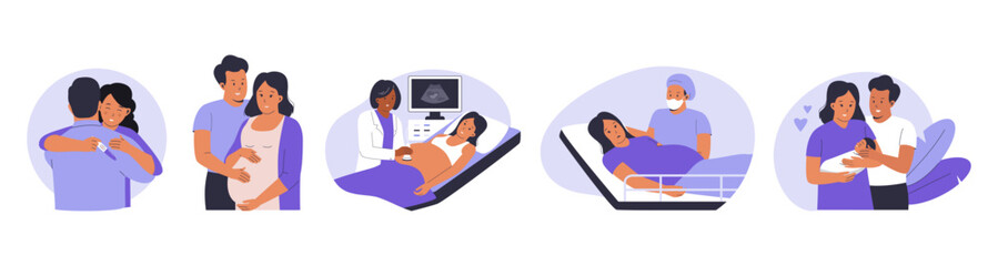 Happy pregnant woman illustration concept with her husband. Visiting doctor for consultation, giving birth happily, holding baby. Illustration for website, landing page, mobile app, poster and banner.