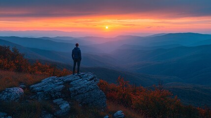 Obraz premium Man Standing on Mountain at Sunset Landscape