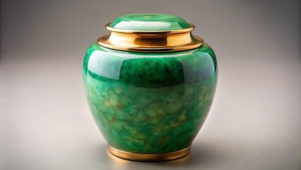 A verdant urn with a golden rim and a soft, muted green patina, reflecting subtle light and casting a sense of tranquility.