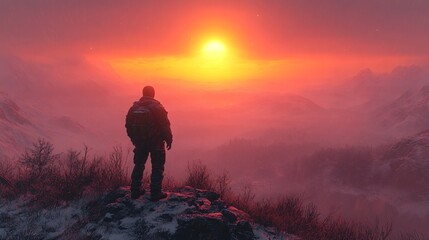 Silhouetted Figure at Dawn Summit Overlooking Vast Landscape