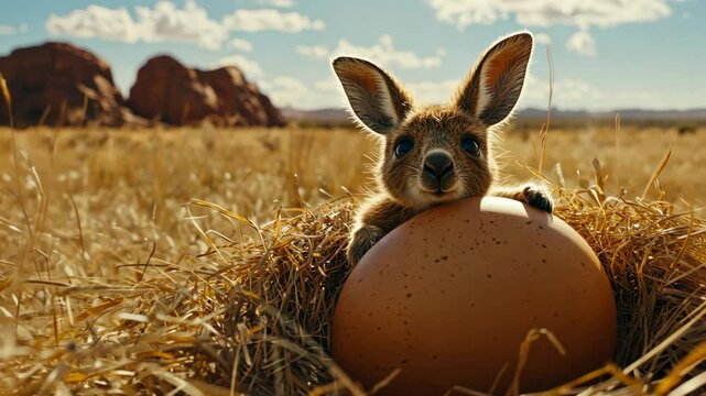 A young kangaroo sits on a large egg in a nest of dry grass, looking directly at the camera