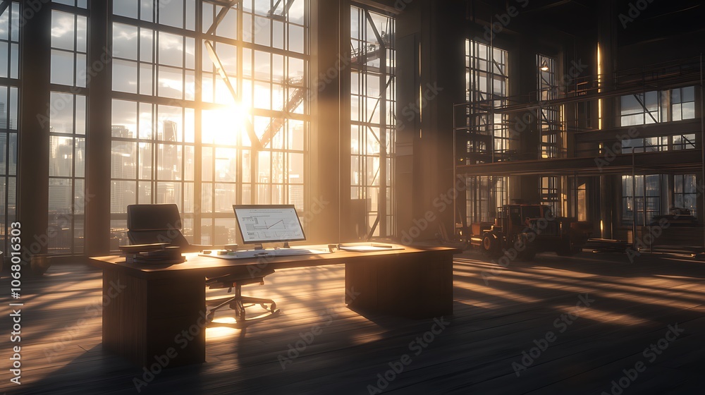 Poster a modern office bathed in sunlight streams through large windows, creating a warm, inviting atmosphe