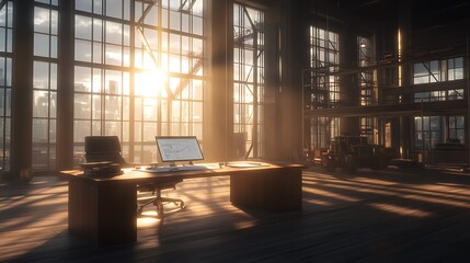 A modern office bathed in sunlight streams through large windows, creating a warm, inviting atmosphere.
