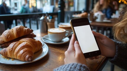 hands of a woman holding a cell phone with a white screen on a table in a bakery with bread on the table