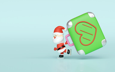 3d Santa Claus playing ice skating with suitcase isolated on blue background. merry christmas and festive new year holiday travel concept, 3d illustration render