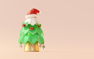 3d santa claus hat on christmas tree with snow, ornaments isolated on blue background. merry christmas and festive new year concept, 3d illustration render