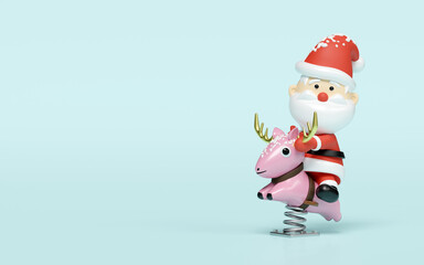 3d santa claus with playground  reindeer spring rider isolated on blue background. merry christmas, happy new year, 3d render illustration