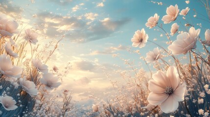 White Flowers Under a Sunset Sky
