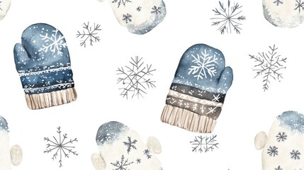 Seamless pattern of watercolor mittens and snowflakes.