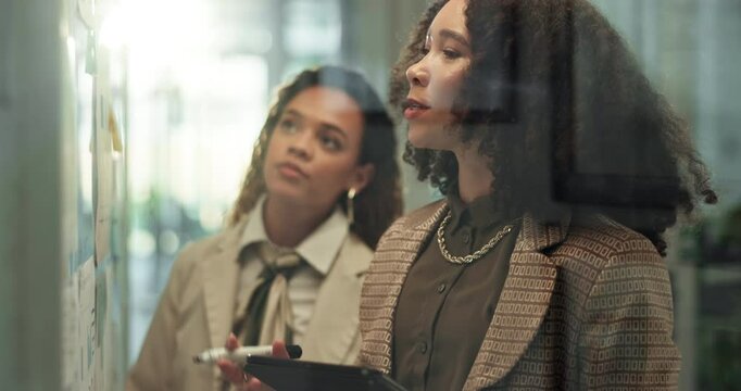 Business woman, tablet and planning with whiteboard for schedule, strategy or brainstorming at office. Young, female people or employees with technology for mind map, agenda or tasks at workplace